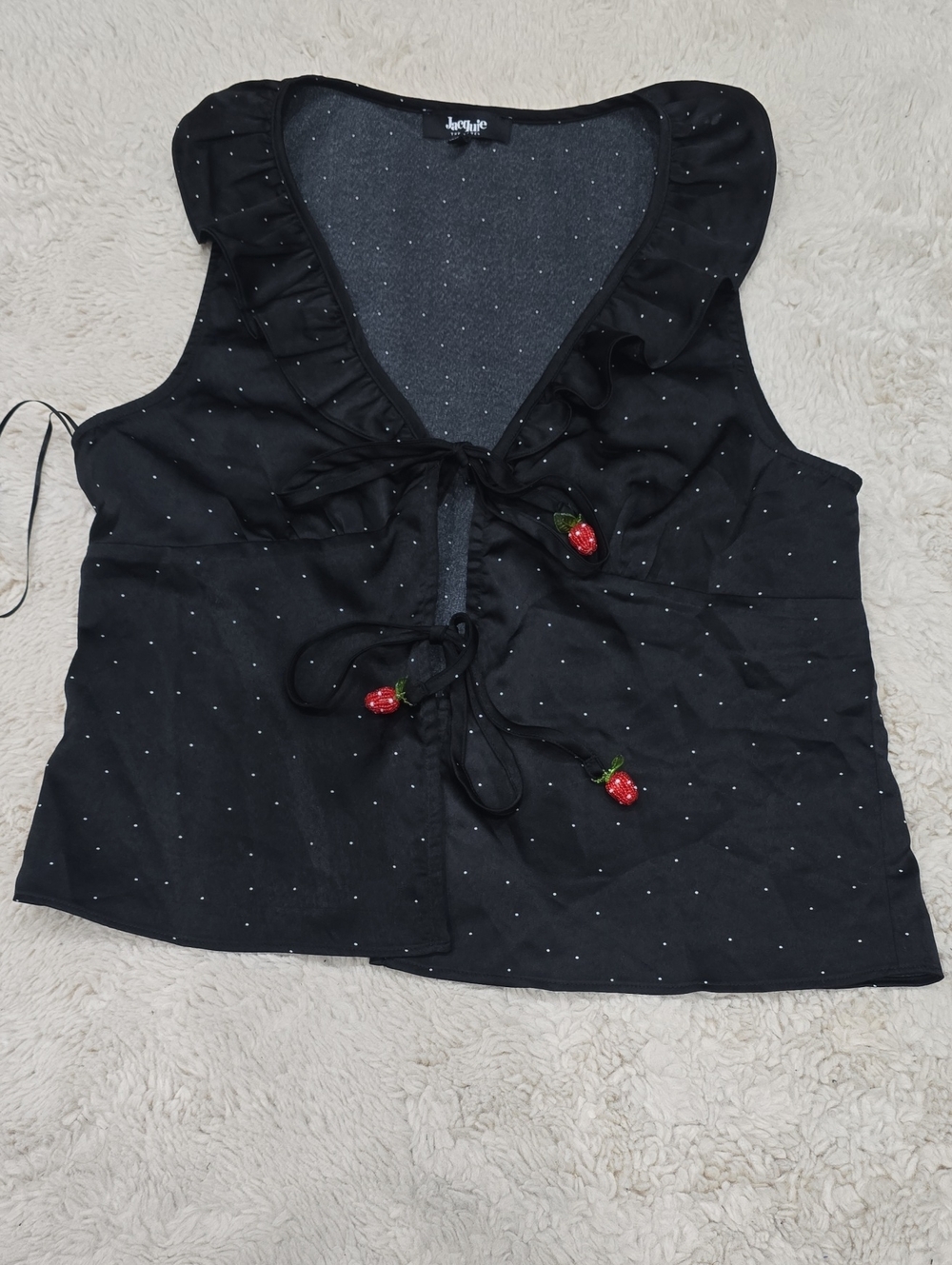 Jacqui E Black Ruffle Tie-Front Camisole with Red Cherry Charms